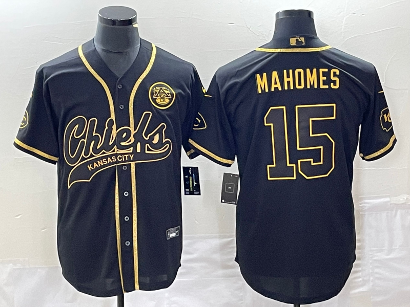 Men’s Kansas City Chiefs #15 Patrick Mahomes Black Gold Cool Bae Stitched Baseball Jersey